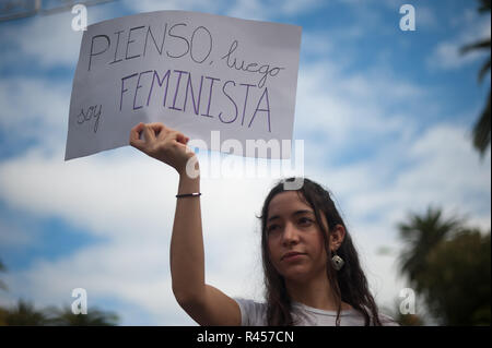 Malaga, Malaga, Spanien. 25 Nov, 2018. Eine Frau gesehen, die ein Plakat, dass ich denke, habe ich "Feministische während des Protestes am Internationalen Tag für die Beseitigung der Gewalt gegen Frauen zu gedenken. Credit: Jesus Merida/SOPA Images/ZUMA Draht/Alamy leben Nachrichten Stockfoto