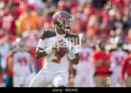 Tampa, Florida, USA. 25 Nov, 2018. Tampa Bay Buccaneers quarterback Jameis Winston (3) zurück, während das Spiel gegen die San Francisco 49ers bei Raymond James Stadion am Sonntag, den 25. November in Tampa, Florida 2018 zu übergeben. Credit: Travis Pendergrass/ZUMA Draht/Alamy leben Nachrichten Stockfoto