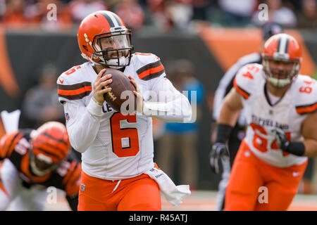 Cincinnati, OH, USA. November 25th, 2018: Cincinnati Bengals Quarterback Jeff Driskel (6) Versuche, einen Pass in ein Spiel zwischen den Cleveland Browns und die Cincinnati Bengals am November 25, 2018 Paul Brown Stadium in Cincinnati, OH. Adam Lacy/CSM. Credit: Cal Sport Media/Alamy leben Nachrichten Stockfoto