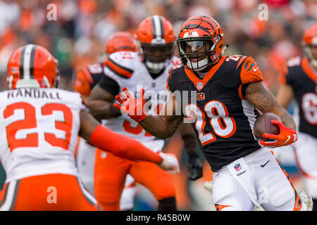 Cincinnati, OH, USA. November 25th, 2018: Cincinnati Bengals zurück läuft Joe Mixon (28) eilt der Ball in einem Spiel zwischen den Cleveland Browns und die Cincinnati Bengals am November 25, 2018 Paul Brown Stadium in Cincinnati, OH. Adam Lacy/CSM. Credit: Cal Sport Media/Alamy leben Nachrichten Stockfoto