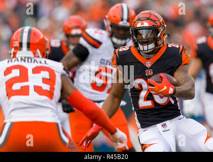 Cincinnati, OH, USA. November 25th, 2018: Cincinnati Bengals zurück läuft Joe Mixon (28) eilt der Ball in einem Spiel zwischen den Cleveland Browns und die Cincinnati Bengals am November 25, 2018 Paul Brown Stadium in Cincinnati, OH. Adam Lacy/CSM. Credit: Cal Sport Media/Alamy leben Nachrichten Stockfoto