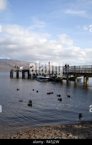 Luss Pier, ein Urlaubsziel, auf Loch Lomond, Argyll, Schottland, mit Besucher auf dem Pier und Stockenten im Vordergrund. Stockfoto