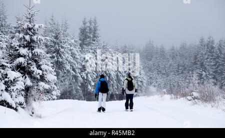 Paar auf schneebedeckten Pfad Stockfoto