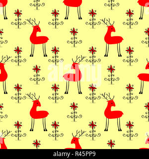 Red Christmas deer unter den Blumen Stockfoto