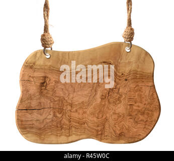 Zeichen aus Wurzelholz auf Seilen vor einem weißen Hintergrund Stockfoto