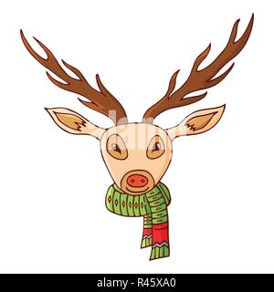 Hirschkopf in einen Schal. Traditionelle festliche Element für Weihnachten Dekoration, Design, Grußkarten und Einladungen. Auf weissem Hintergrund. Vint Stock Vektor