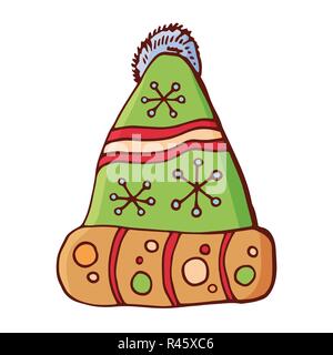 Winter Strickmütze mit pompon. Schirmmütze mit einem Flauschigen pompom. Doodle Stil. Auf weissem Hintergrund. Vector Farbe handgezeichnete Illustrationen. Stock Vektor