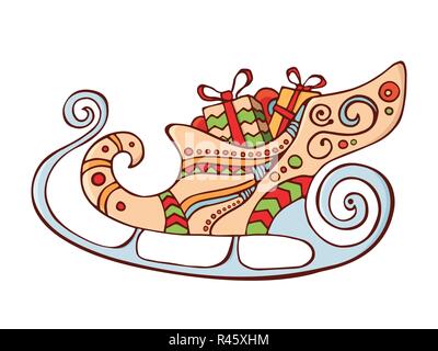 Santa's sleigh mit Geschenkboxen, präsentiert. Weihnachten traditionellen festlichen Symbol. Auf weissem Hintergrund. Jahrgang, doodle Stil. Vector Farbe. Stock Vektor