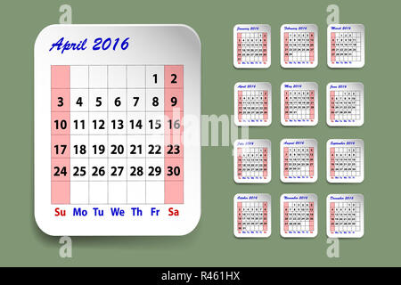 Kalender für April 2016 Stockfoto