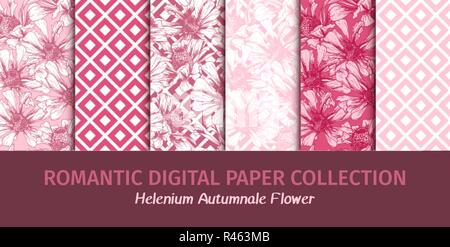 Umhüllung oder Hochzeit digitale Papiere Sammlung. Romantisch rosa Blumen nahtlose Muster für Valentines Tag Urlaub Decoupage. Vektor feminin Blumige Tapeten mit Helenium Autumnale Blume Stock Vektor
