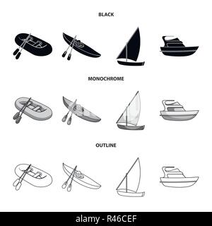 Ein Gummi Fischerboot, ein Kajak mit Rudern, Angeln Schoner, einer Motoryacht. Schiffe und Wasser Sammlung Icons in Schwarz, monochrom, Überblick Stock Vektor