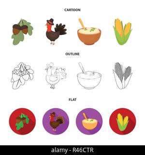 Eicheln, Mais. arthene Püree, festliche Türkei, Kanada thanksgiving Tag set Sammlung Icons im Cartoon, Outline, flacher Stil vektor Symbol lieferbar Abbildung: Stock Vektor
