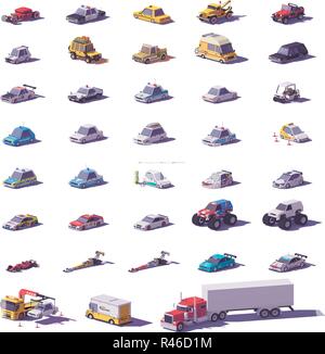 Vektor Pkw und Lkw Sammlung. Umfasst Pkw, Sportwagen, Geländewagen, Nutzfahrzeuge, Monster Truck, Elektrofahrzeuge und Polizei Transport Stock Vektor