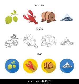 Alpen, ein Faß Bier, Hummer, Hopfen. Oktoberfest set Sammlung Icons im Cartoon, Outline, flacher Stil vektor Symbol lieferbar Abbildung. Stock Vektor