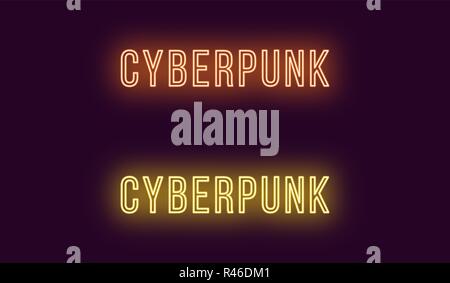 Beschriftung von Cyberpunk in Neon dünnen Stil. Vector Illustration, glühender Text von Cyberpunk in Orange und Gelb. Isolierte grafisches Element, Symbol Stock Vektor