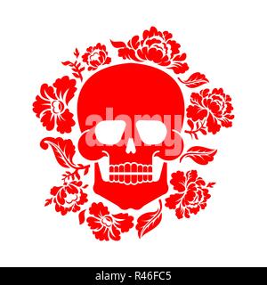 Schädel und Blumen. Skelett Kopf und Rosen. Tod und Liebe Stock Vektor
