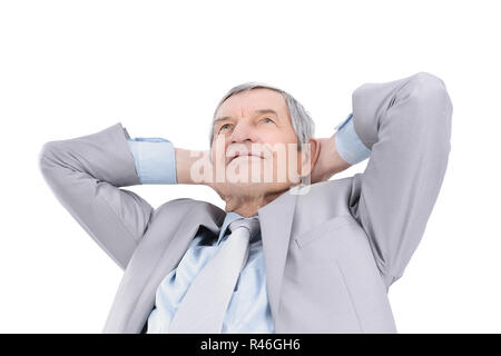 Erfolgreiche Reifen Geschäftsmann sitzen auf einem Bürostuhl. Stockfoto