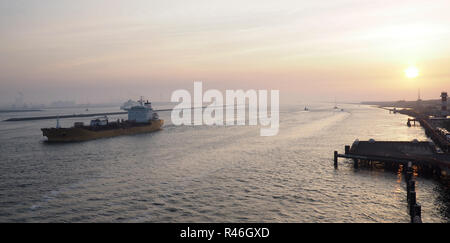 Schiff bei Sonnenuntergang, Hoek van Holland, Niederlande Stockfoto