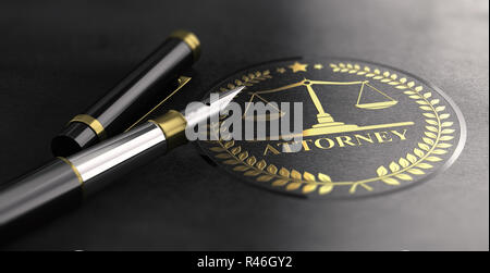 Rechtsanwalt sign Design mit Waage der Gerechtigkeit Symbol auf schwarzem Hintergrund und Füllfederhalter gedruckt. 3D-Darstellung Stockfoto