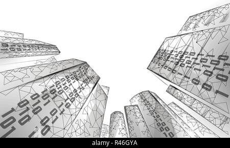 Low Poly smart City 3D Drahtgitter. Intelligente Gebäudeautomation Geschäftskonzept. Der binäre Code Datenfluss Nummer. Architektur urbane Stadtbild Technologie Skizze banner Vector Illustration Stock Vektor