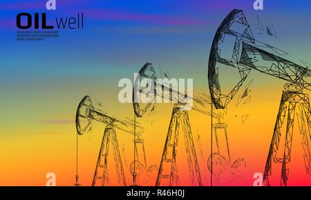 Öl gut Rig juck Low Poly Geschäftskonzept. Finanzen Wirtschaft sonnenuntergang himmel Benzin Produktion. Petroleum Kraftstoffindustrie pumpjack Ladebäumen Pumpen bohren Point Line Dots blau Vector Illustration Stock Vektor