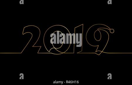 2019 Neues Jahr durchgehenden Line Art. Golden Black urlaub Grußkarte Schlagzeile Dekoration Datum zahlen Schriftzug silhouette Konzeption einer Skizze skizzieren leuchtenden Gold Vector Illustration Stock Vektor