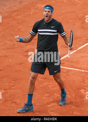 Argentinische Tennisspieler Juan Martin Del Potro feiert Sieg bei den French Open 2018, Paris, Frankreich Stockfoto