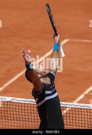 Argentinische Tennisspieler Juan Martin Del Potro feiert Sieg bei den French Open 2018, Paris, Frankreich Stockfoto