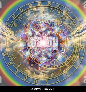 Astronomische Uhr. Helles Licht im Strudel der Wolken Stockfoto