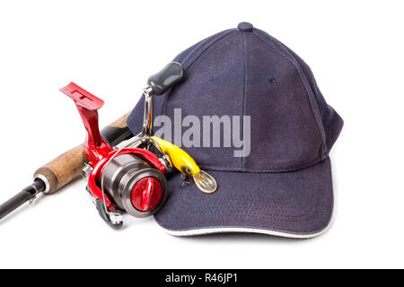 Angeln befasst sich mit navy Cap auf Weiß Stockfoto