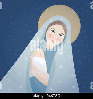 Weihnachten Grußkarte, Einladung. Saint Mary und Baby Jesus Christus. Mutter mit ihrem kleinen Kind. Biblische Vektorgrafiken Hintergrund. Mutterschaft und das Christentum Symbol. Krippe. Stock Vektor