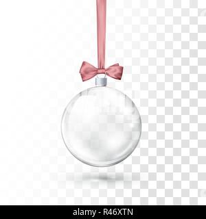 Glas transparent Christmas Ball hängen an Pink Ribbon mit Schleife. Xmas Glaskugel auf transparentem Hintergrund. Urlaub Dekoration Vorlage. Vektor illus Stock Vektor