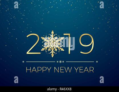 Frohes Neues Jahr 2019. Grußkarte text Design. Neue Jahre Fahne mit goldenen Zahlen und Schneeflocke. Vector Illustration auf blauem Hintergrund isoliert Stock Vektor