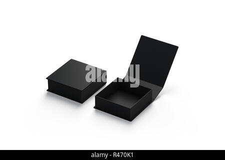 Leeren schwarzen geöffnet und geschlossen Geschenkbox Mockup, isoliert, 3D-Rendering. Leere Luxus Box für Jubiläum mock up, Seitenansicht. Neue Pack für Überraschung am Valentinstag Vorlage. Stockfoto