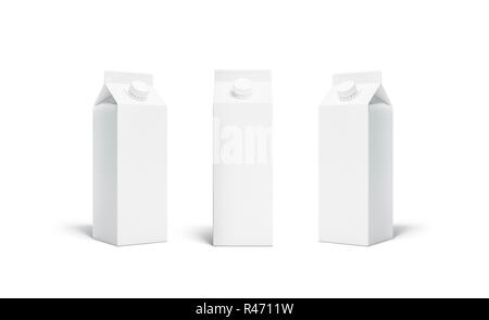 Leere weiße rex Saft oder Milch pack Deckel Mockup, isoliert, 3D-Rendering. Leere aseptische Flasche mit Mütze mock up, eine vorne und eine halbe Umdrehung. Klare reine Paket mit Trinken für den Branding. Stockfoto