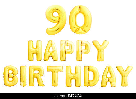 Happy Birthday 90 Jahre golden Aufblasbare Ballone auf weißem Hintergrund. Stockfoto