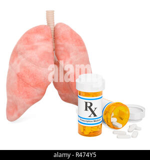 Lungen und Drogen Konzept. Menschliche lungen mit medizinischen Flaschen und Pillen, 3D-Rendering auf weißem Hintergrund Stockfoto