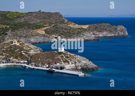 Das malerische Dorf Kapsali in Kythira Island, Griechenland, von oben gesehen. Stockfoto
