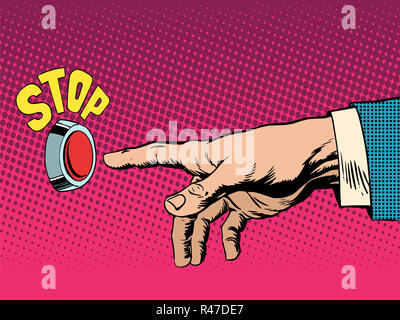 Die rote Stop-Taste Hand drückt Stockfoto