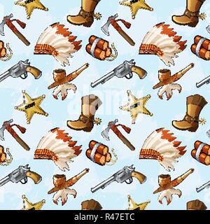Nahtlose Muster mit Hand gezeichnete farbige Wild West Elemente. Stock Vektor