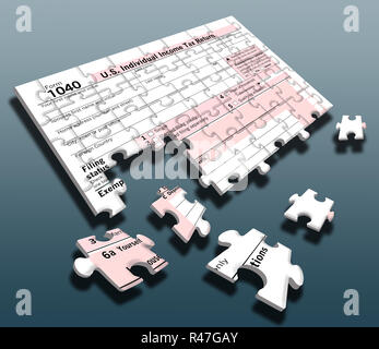 Eine Bundessteuer Form 1040 in einem Puzzle zeigt die Idee der Zusammenstellung ihres rätselhafte Steuer info Steuererklärung. Stockfoto