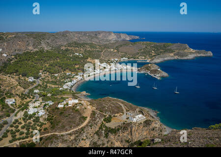 Das malerische Dorf Kapsali in Kythira Island, Griechenland, von oben gesehen. Stockfoto