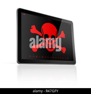 Tablet-PC mit einem Piraten-Symbol auf dem Bildschirm. Hacking-Konzept Stockfoto