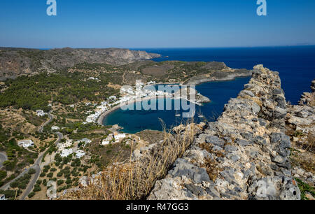 Das malerische Dorf Kapsali in Kythira Island, Griechenland, von oben gesehen. Stockfoto