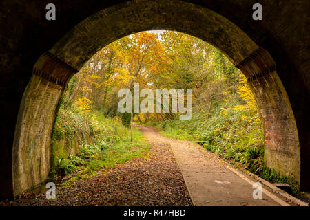 Farbfoto eines kleinen Teils der Castleman trailway innerhalb einer viktorianischen Eisenbahntunnel. Stockfoto