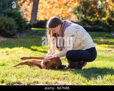 Teenager-Mädchen spielt mit ihrer Familie Hund in der Sonne. Stockfoto