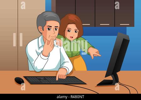 Ein Vektor Illustration von Vater und Tochter Arbeiten am Computer Stock Vektor