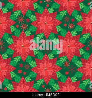 Vector Rot Weihnachtsstern mit Schneeflocken und Sternen nahtlose Muster Hintergrund. Stock Vektor