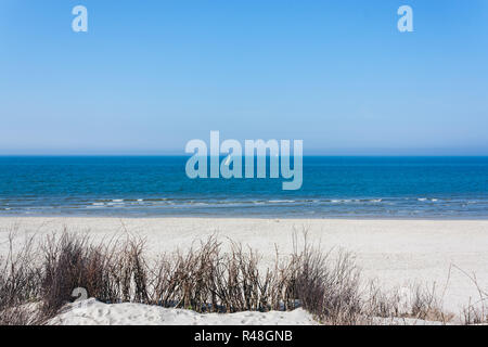Ein endloser Sandstrand und ein einsamer Surfer im blauen Meer Stockfoto