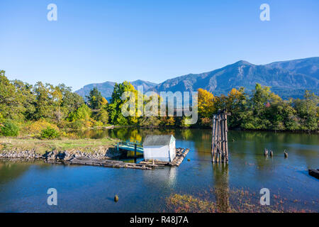 Herbst Landschaft mit einem alten, verlassenen morsches Holz- Pier in der Bucht des Columbia River mit gelben Herbst Bäume am Ufer und Eisenbahn embankmen Stockfoto